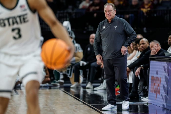 Michigan State head coach Tom Izzo watches a play against Minnesota during the first half of Second Round of Big Ten tournament at Target Center in Minneapolis, Minn. on Thursday, March 14, 2024.
